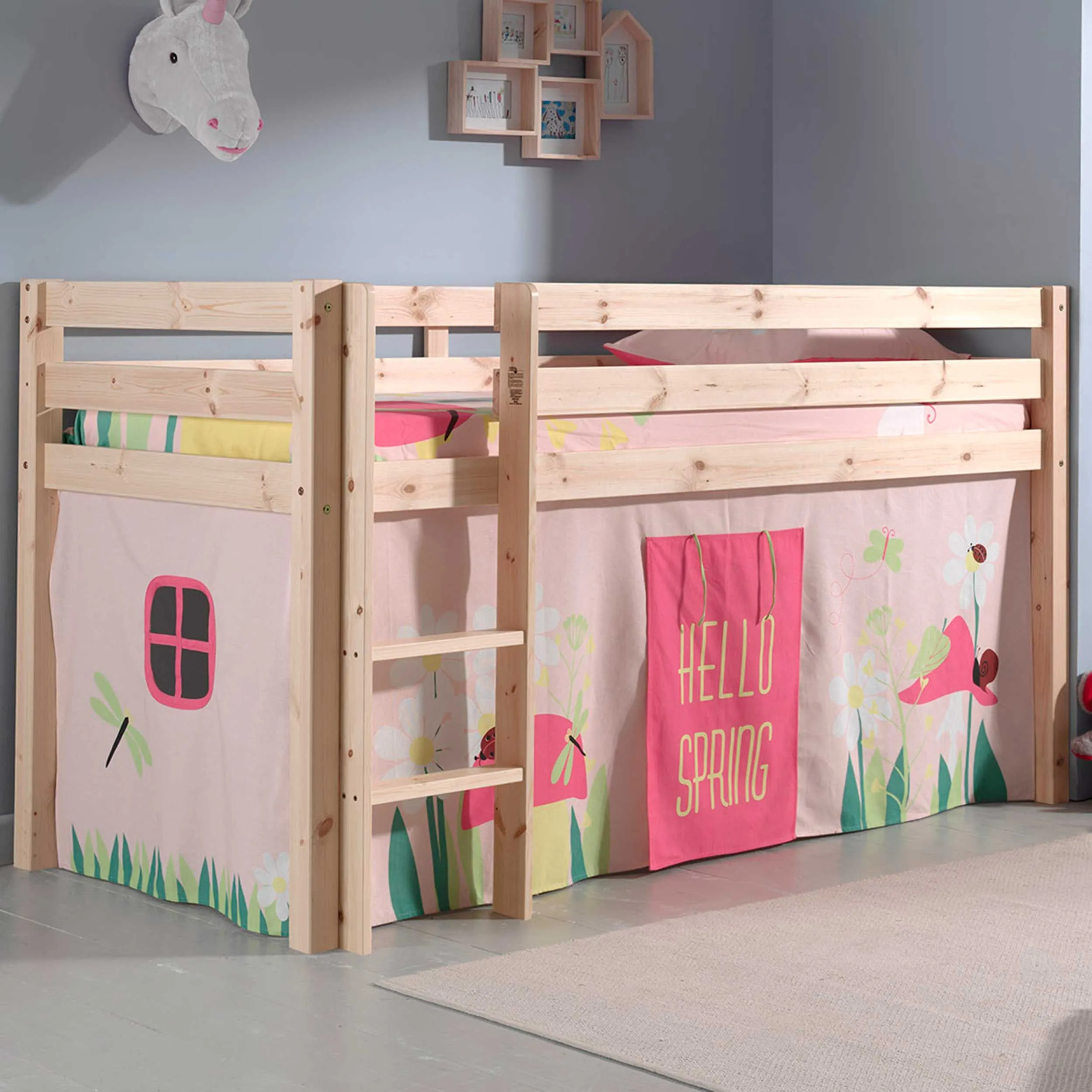 Lit mi-hauteur Charlotte avec tente de lit Spring - bois de pin