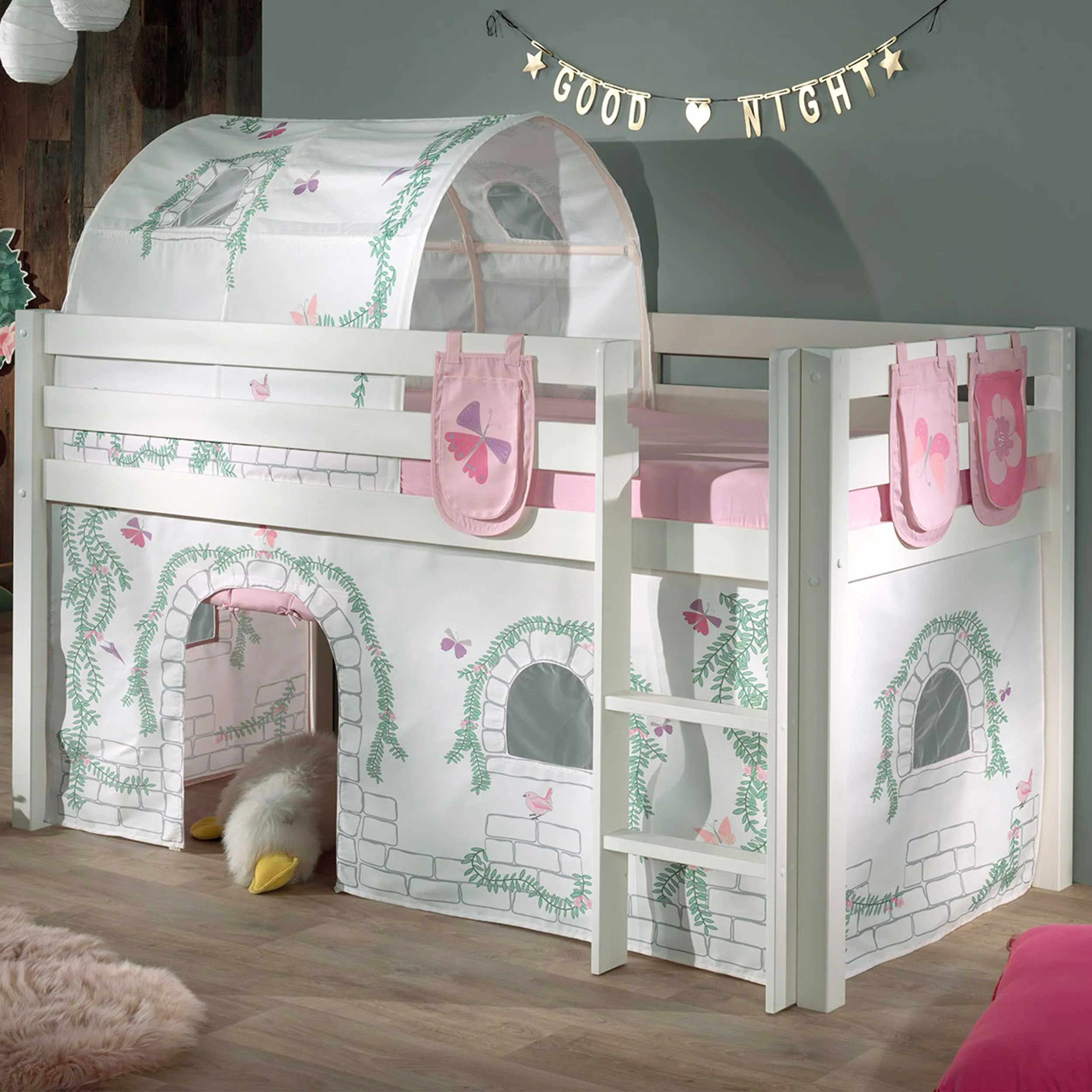 Lit mi-hauteur Charlotte avec tente et tunnel de lit et sacs de rangement Birdy - blanc