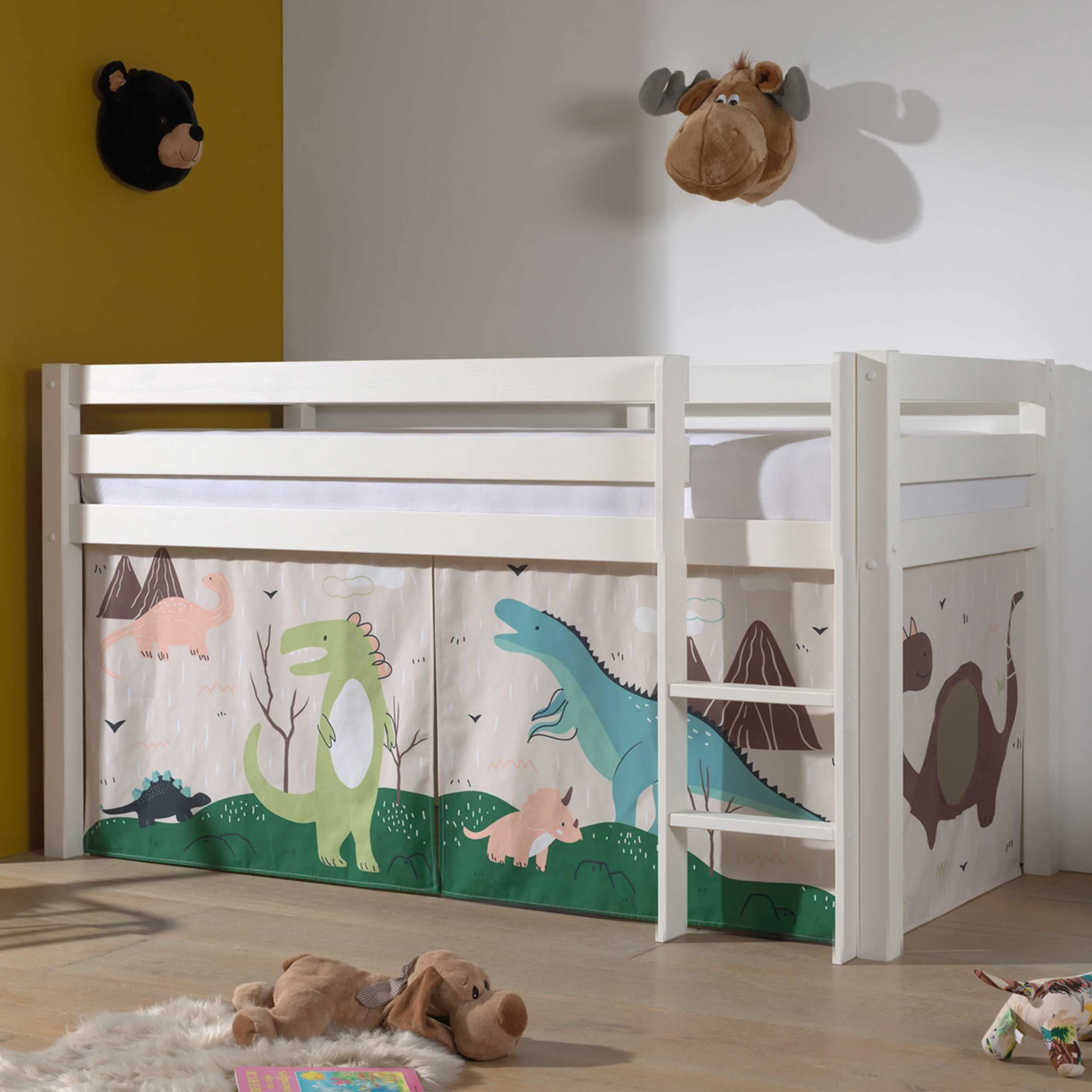 Lit mi-hauteur Charlotte avec tente de lit Dino - blanc