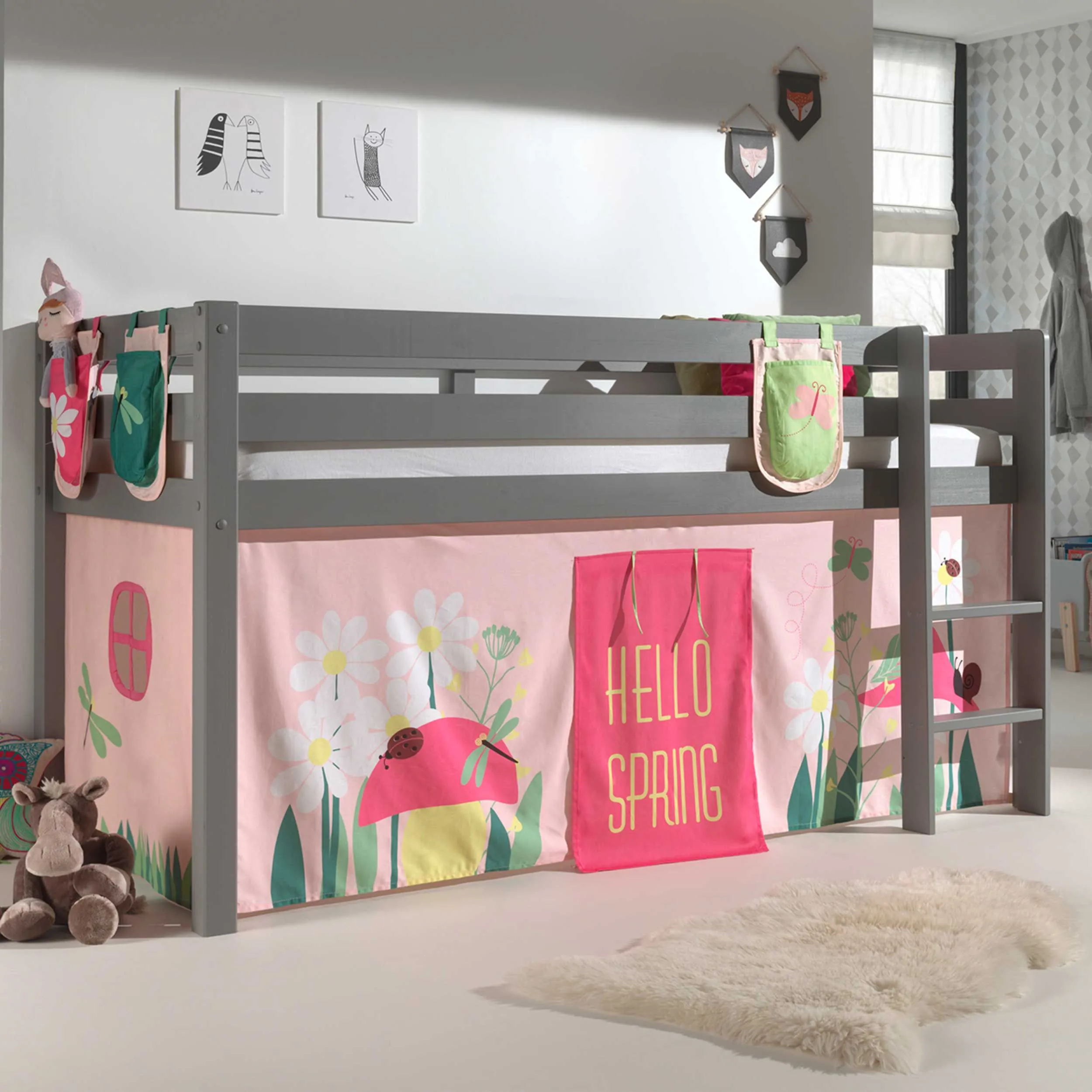 Lit mi-hauteur avec tente et sacs de rangement Spring - gris