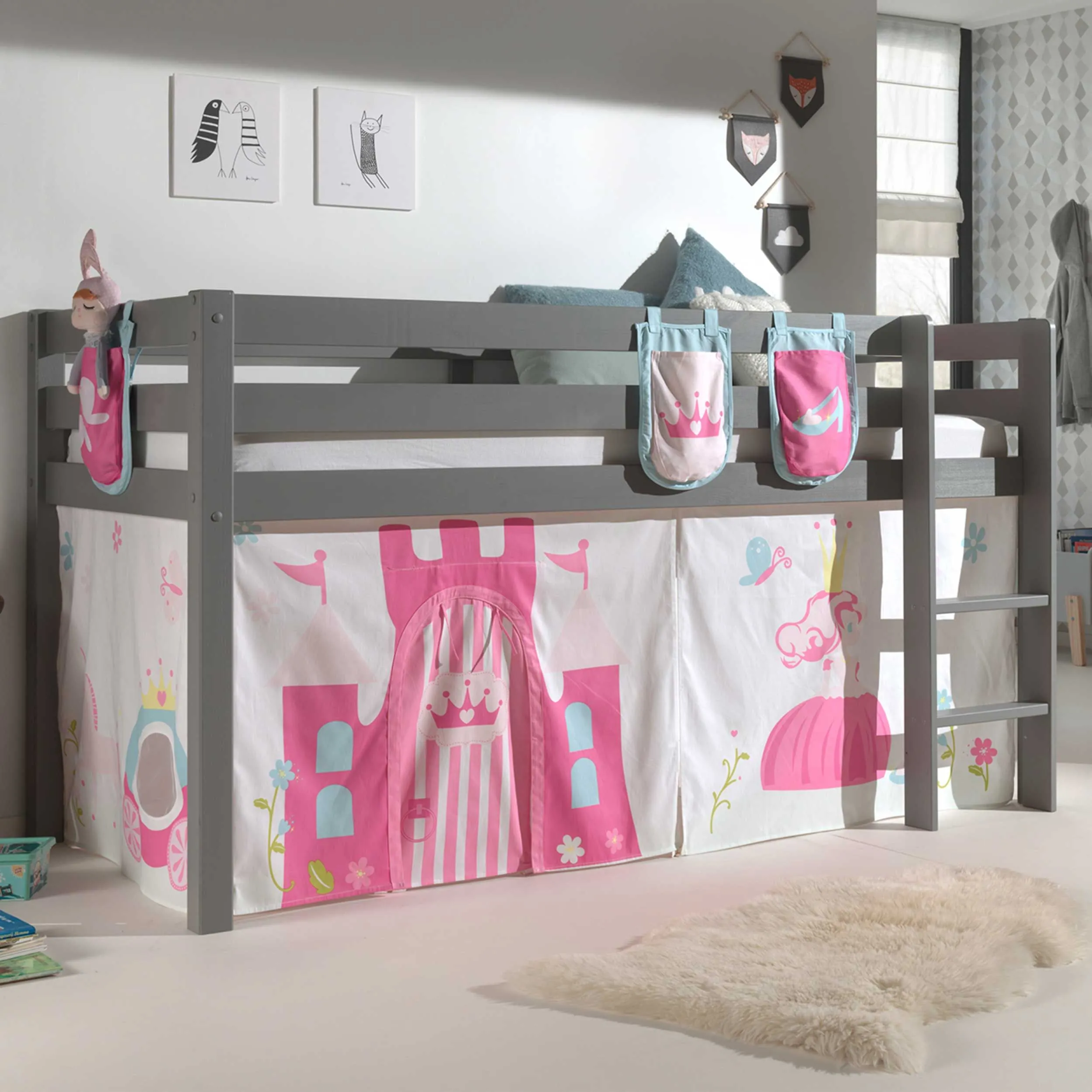 Lit mi-hauteur Charlotte avec tente et sacs de rangement Princess II - gris