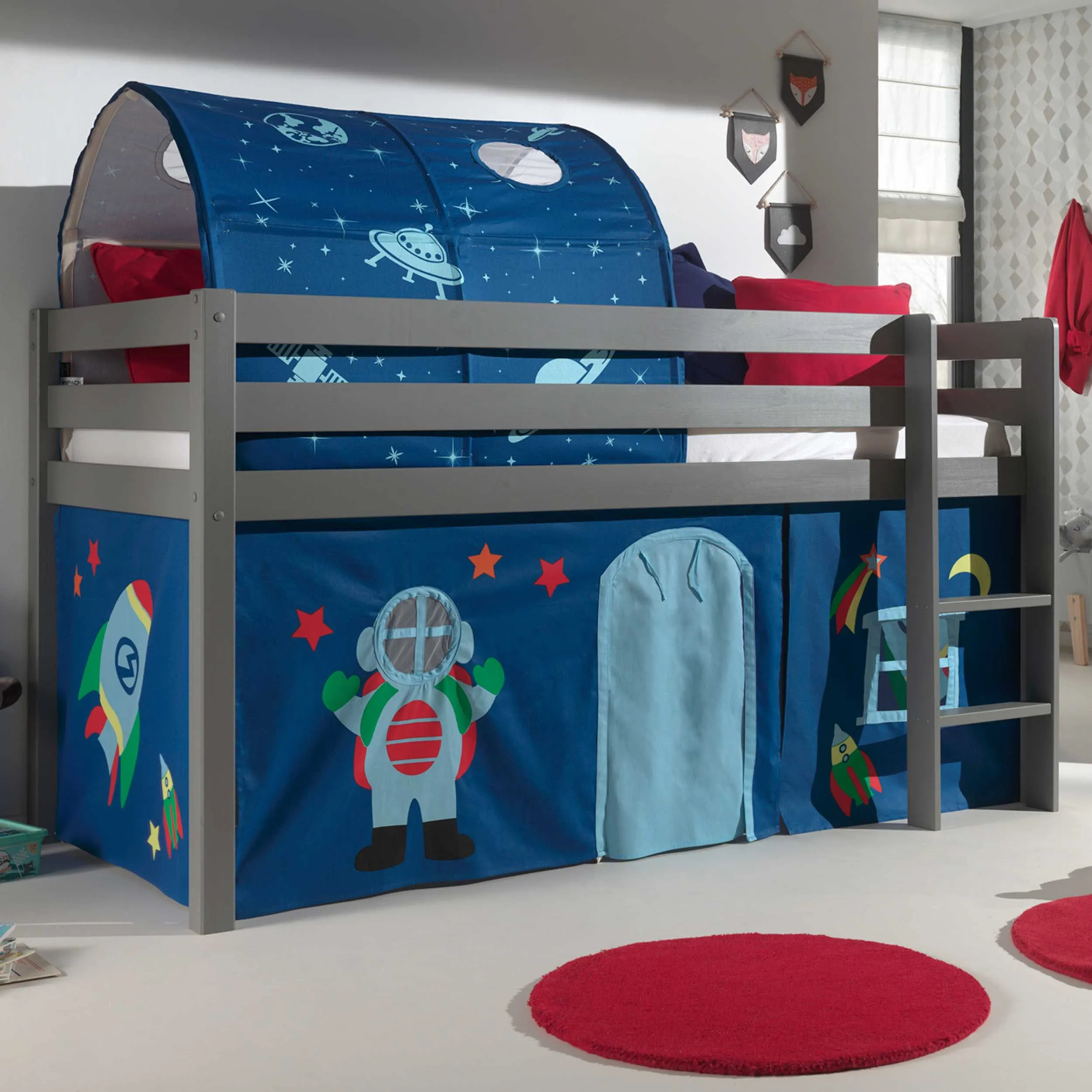 Lit mi-hauteur Charlotte avec tente et tunnel de lit Astro - gris