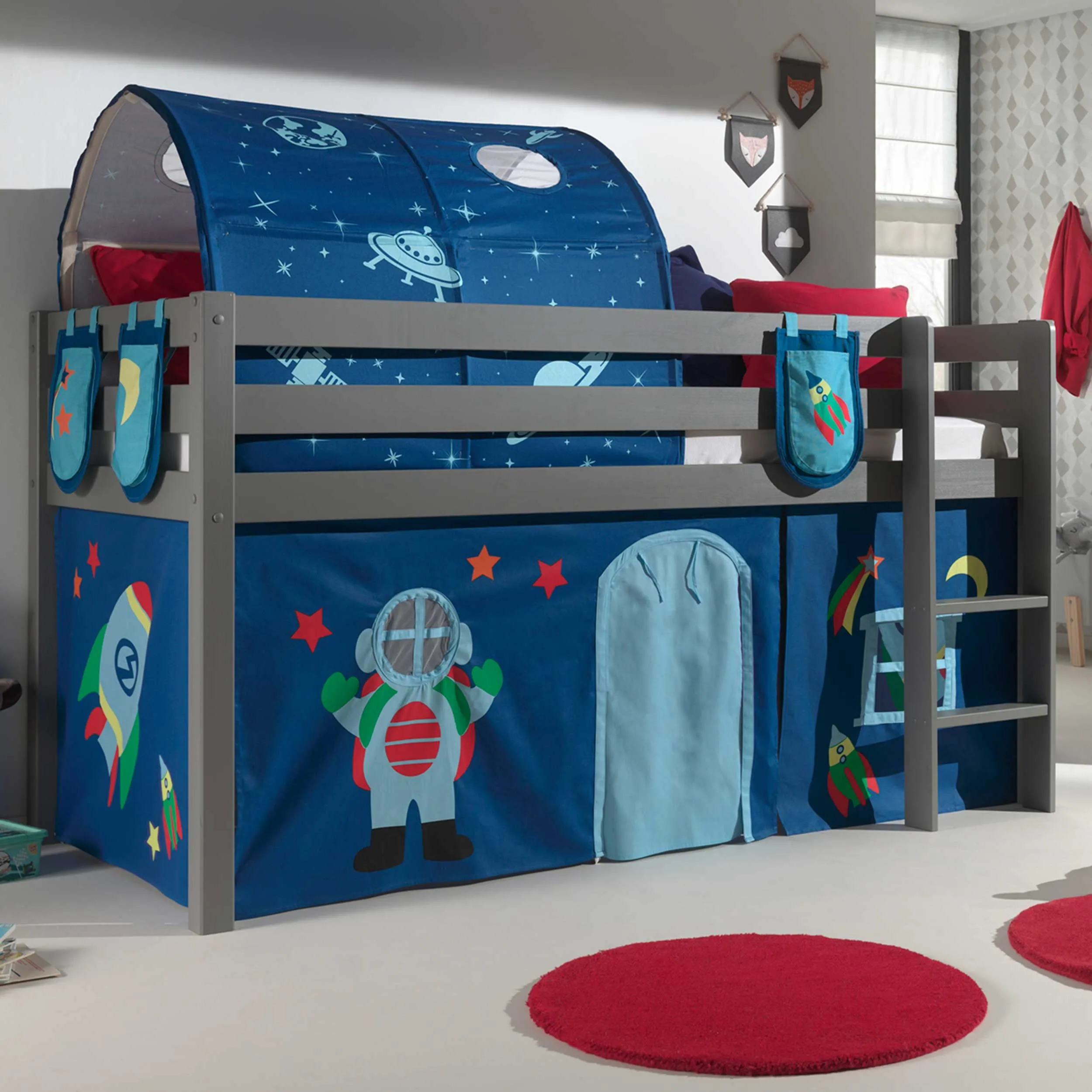 Lit mi-hauteur Charlotte avec tente et tunnel de lit et sacs de rangement Astro - gris