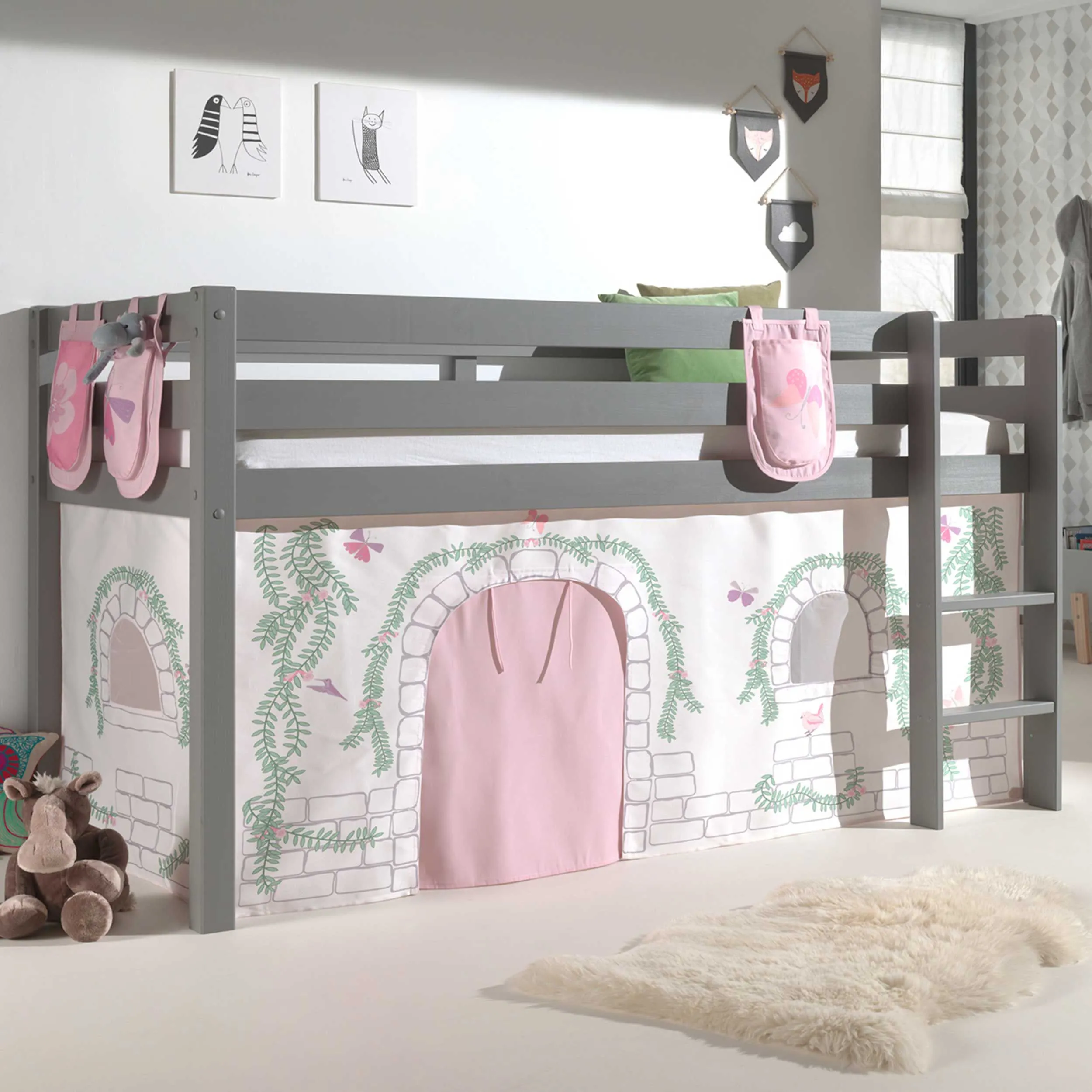 Lit mi-hauteur Charlotte avec tente de lit & sacs de rangement Birdy - gris