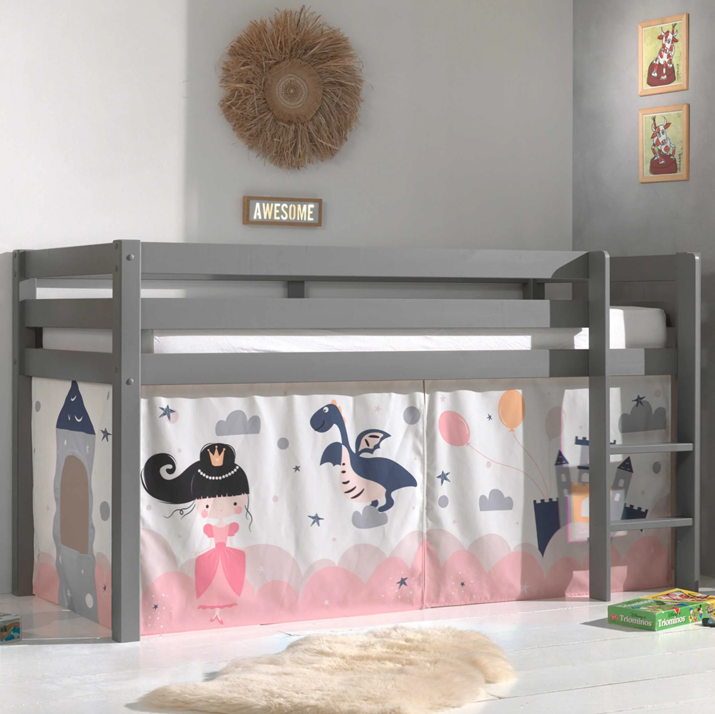 Lit mi-hauteur Charlotte avec tente de lit Princess Sophie - gris