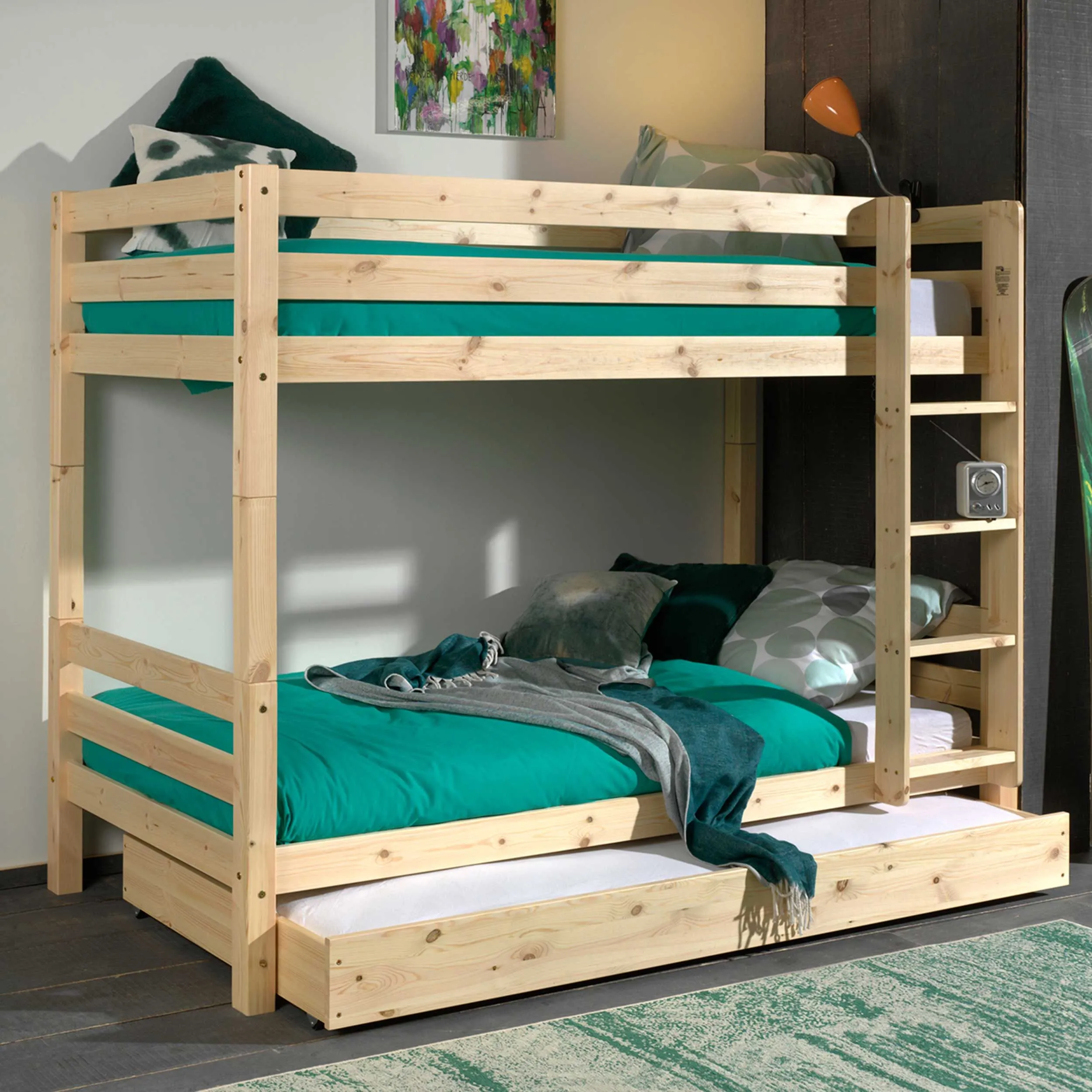 Lit superposé Claire 160cm avec lit gigogne - bois de pin