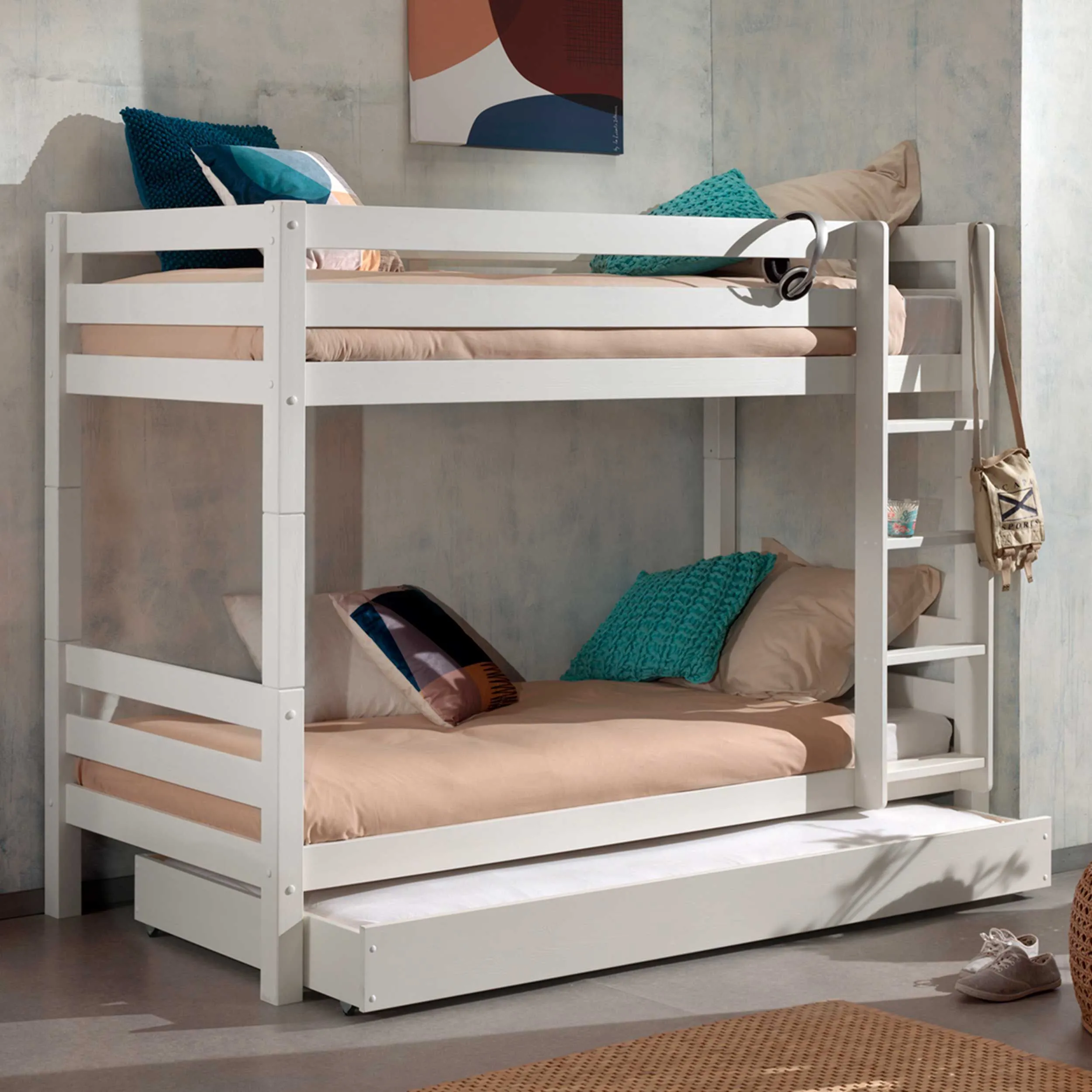 Lit superposé Claire 160cm avec lit gigogne - blanc