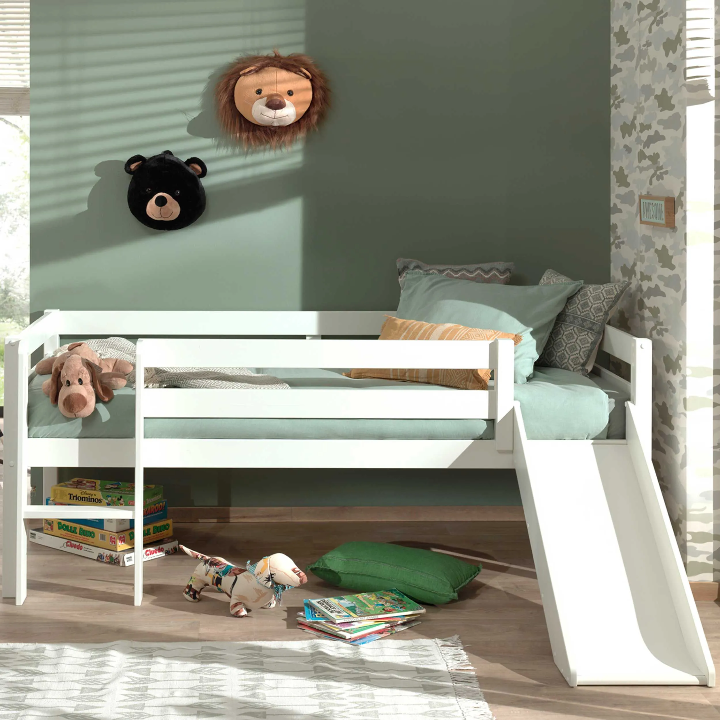 Lit mi-hauteur Pip avec toboggan 90 x 200 bois de pin - blanc