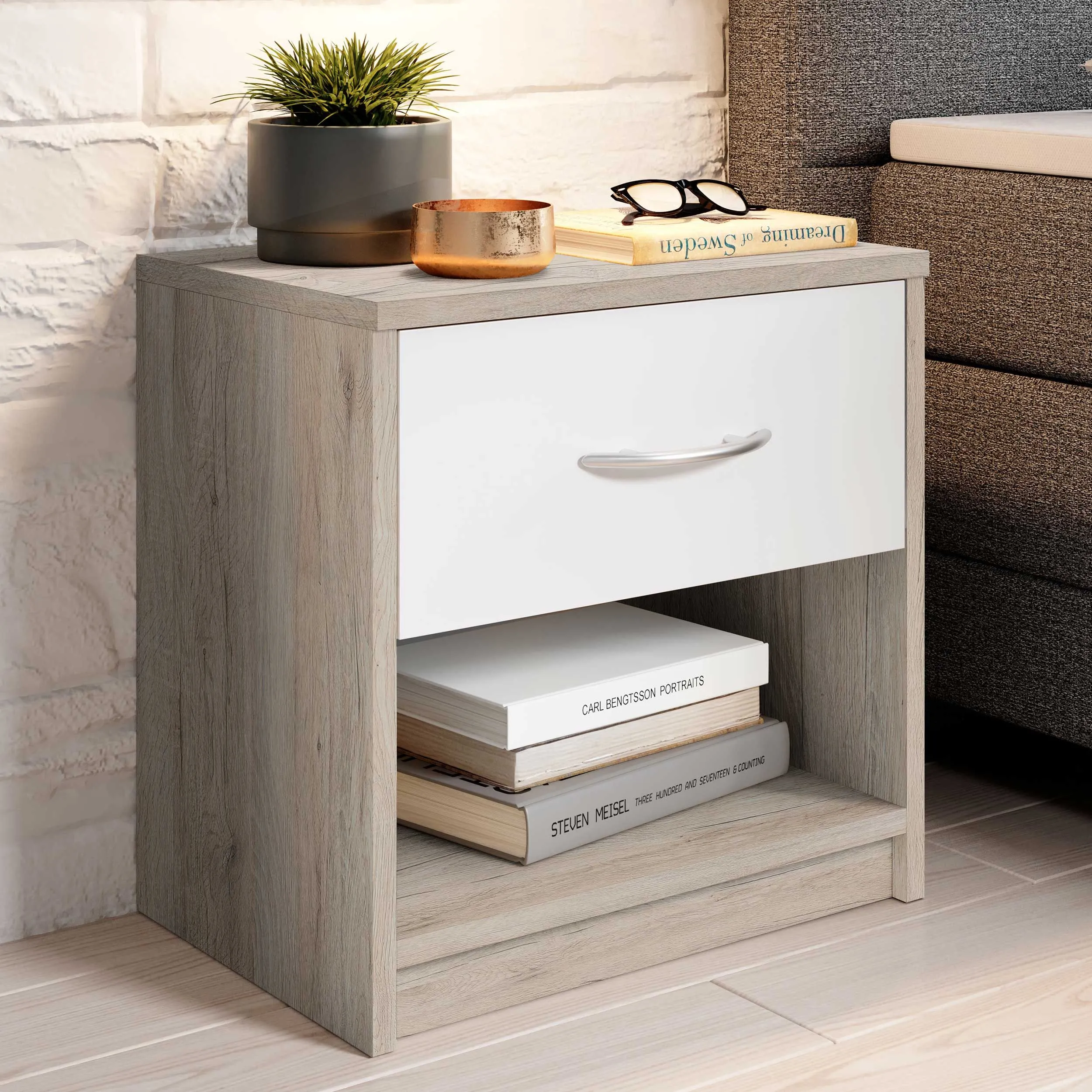 Table de chevet Beppu avec 1 tiroir - chêne/blanc