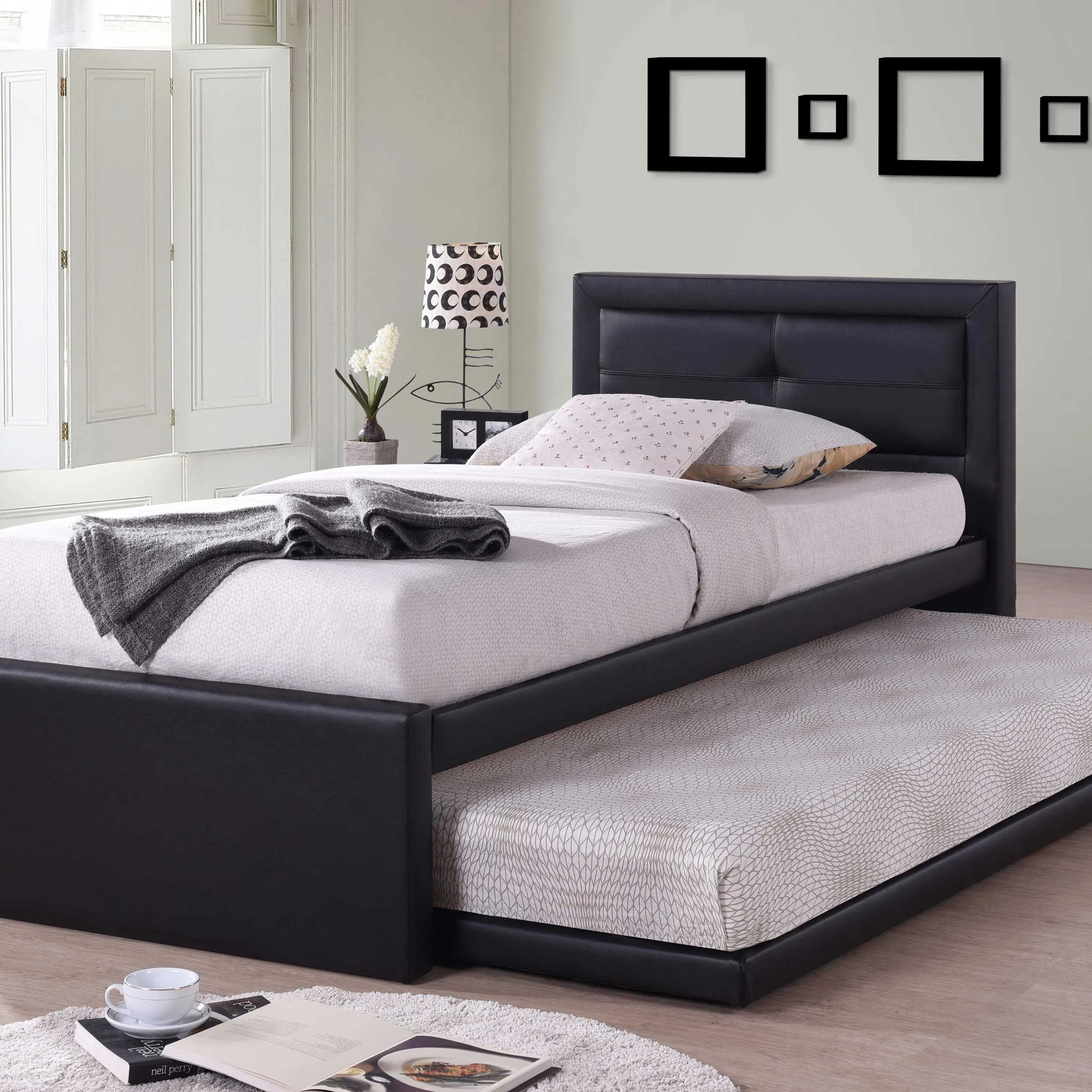 Lit Rodan avec tiroir de lit similicuir - noir