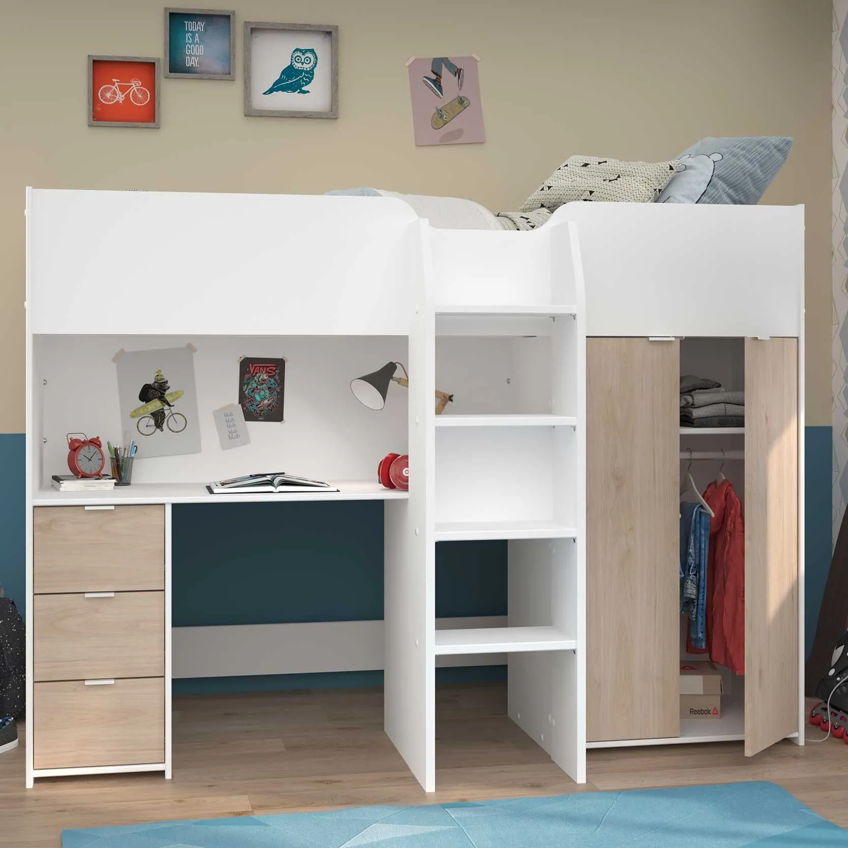 Lit mi-hauteur Neda 90x200cm - blanc/décor de chêne