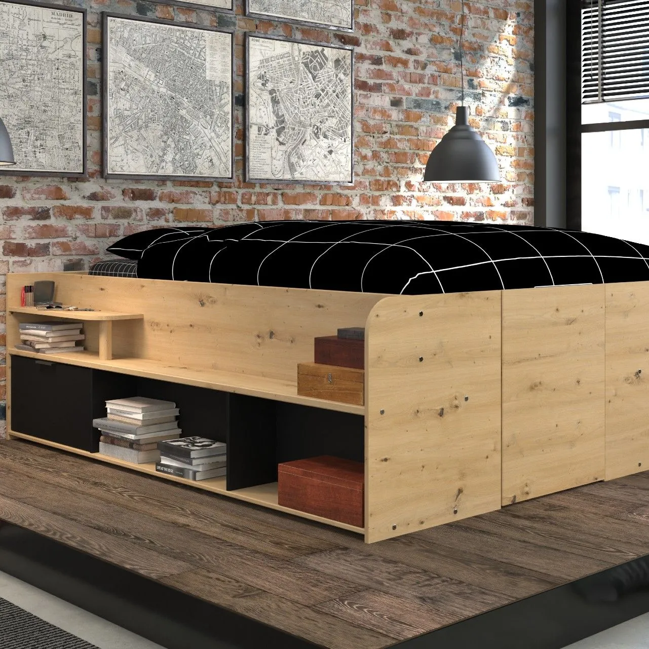 Lit avec espace de rangement Taravel 140x200 - chêne artisan