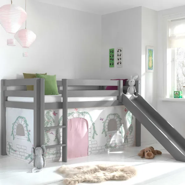 Lit mi-hauteur Astrid gris avec toboggan - birdy
