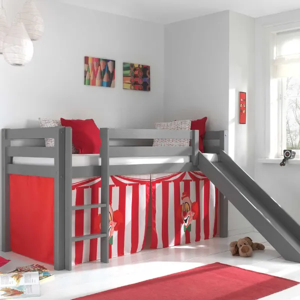 Lit mi-hauteur Astrid gris avec toboggan - tente cirque