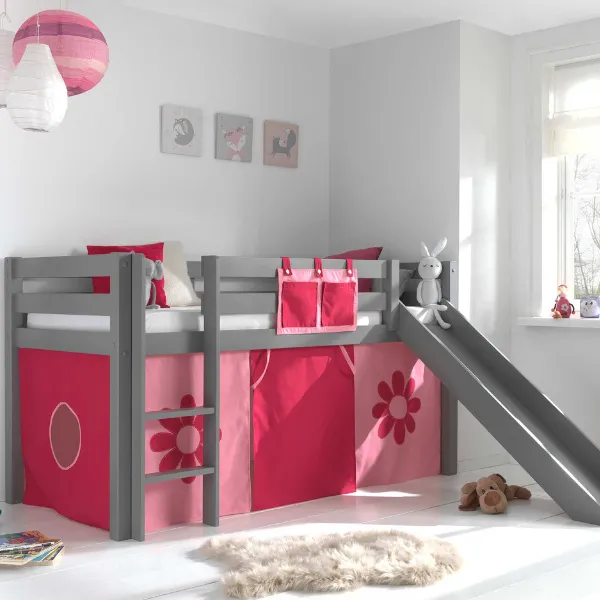 Lit mi-hauteur Astrid gris avec toboggan - tente fleurs