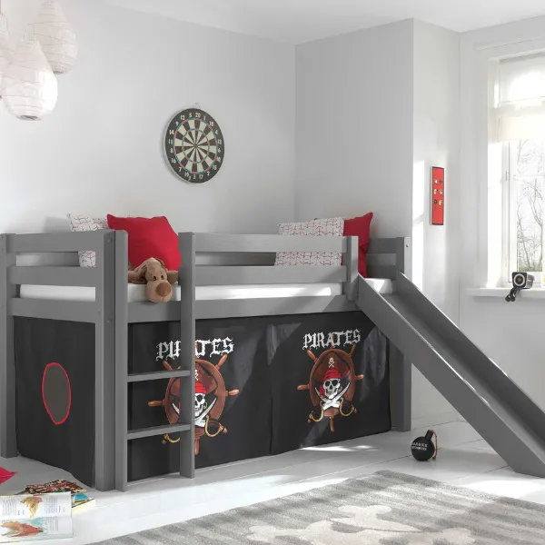 Lit mi-hauteur Astrid gris avec toboggan - tente pirates