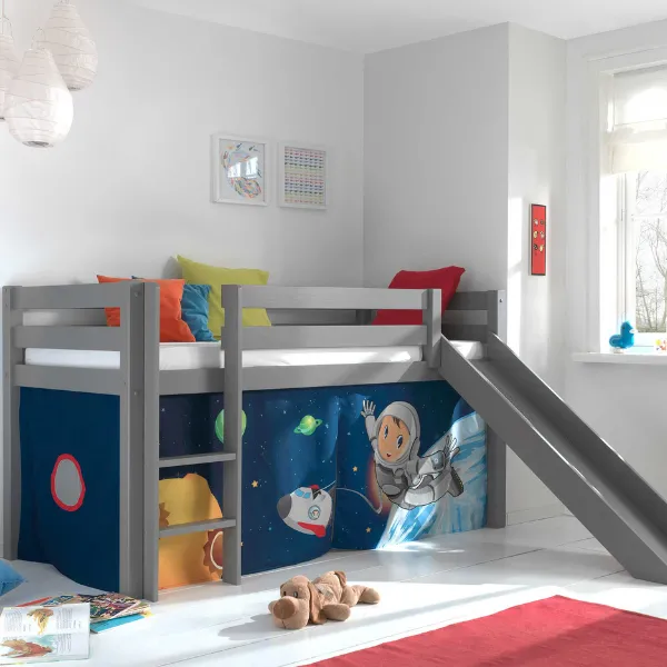 Lit mi-hauteur Astrid gris avec toboggan - tente astronaute