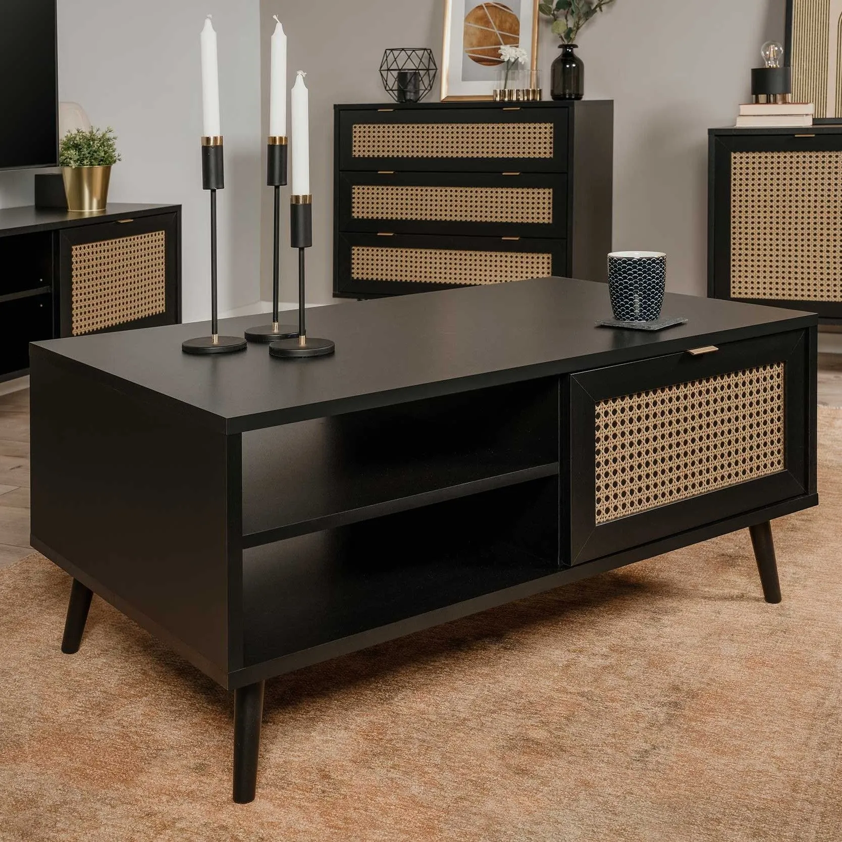 Table basse Daka 100x60 1 porte - noir/beige