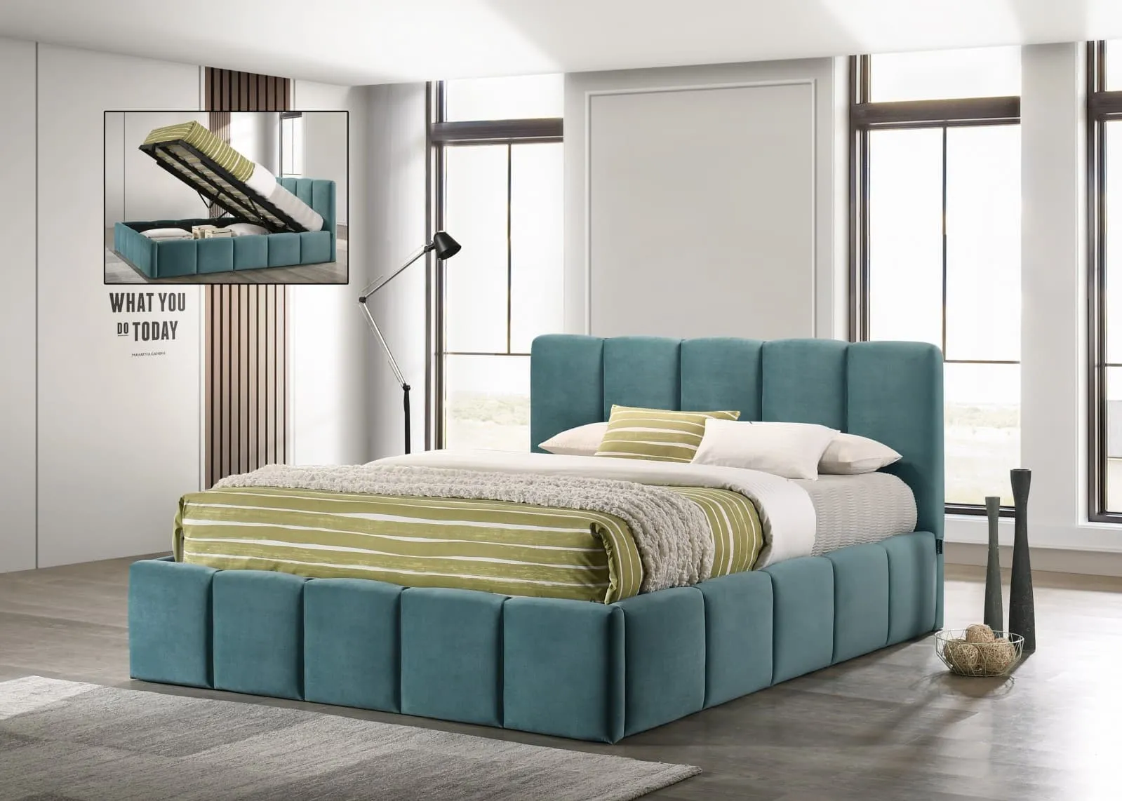 Lit avec coffre de rangement, tapissé Adele Velvet Vert