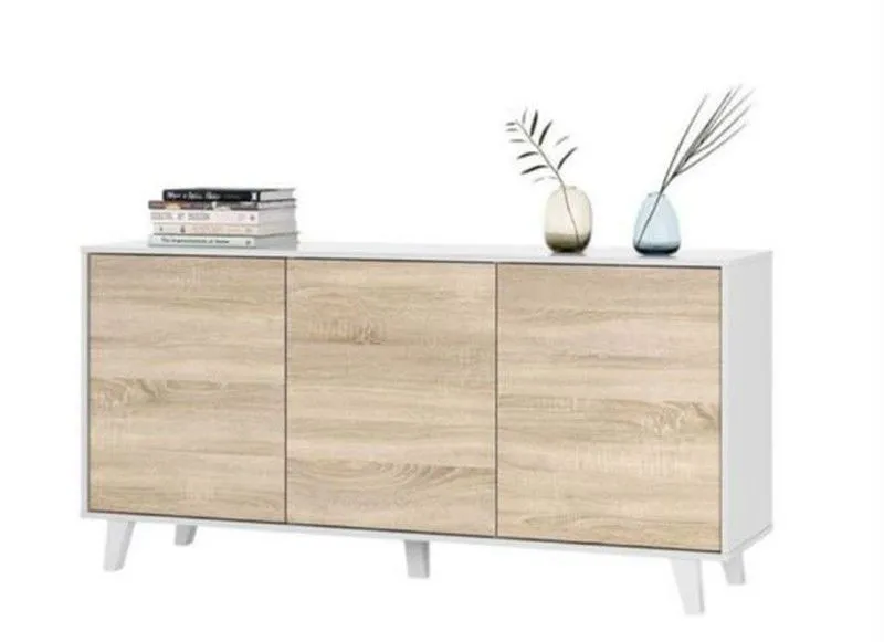 Buffet 3 portes finition blanc brillant et chêne, 154 x 41 x 75 cm