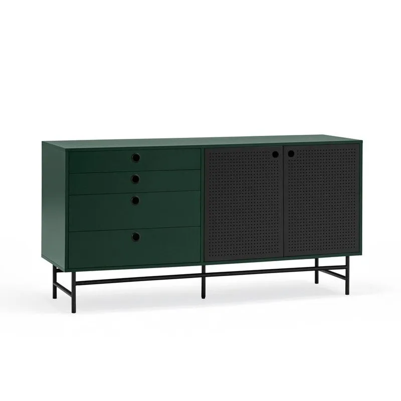 Buffet en bois et métal vert foncé et noir, 150 x 47 x 77 cm | Place