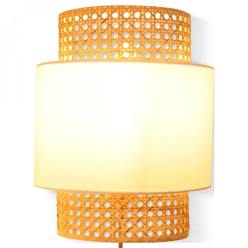 Applique luminaire en cannage avec abat-jour tissu Blanc