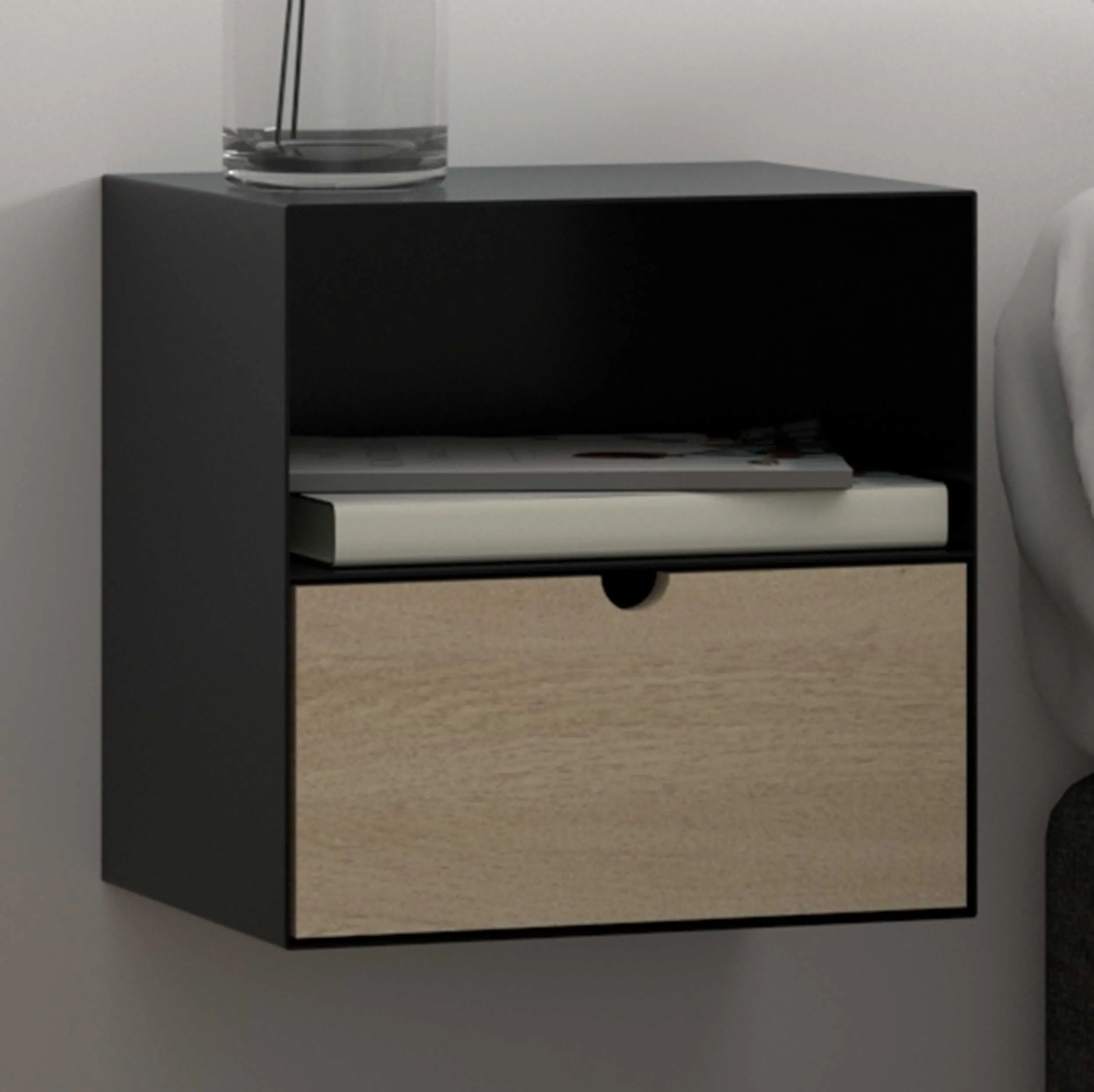 Table de chevet flottante Jolie 1 tiroir - noir/bambou