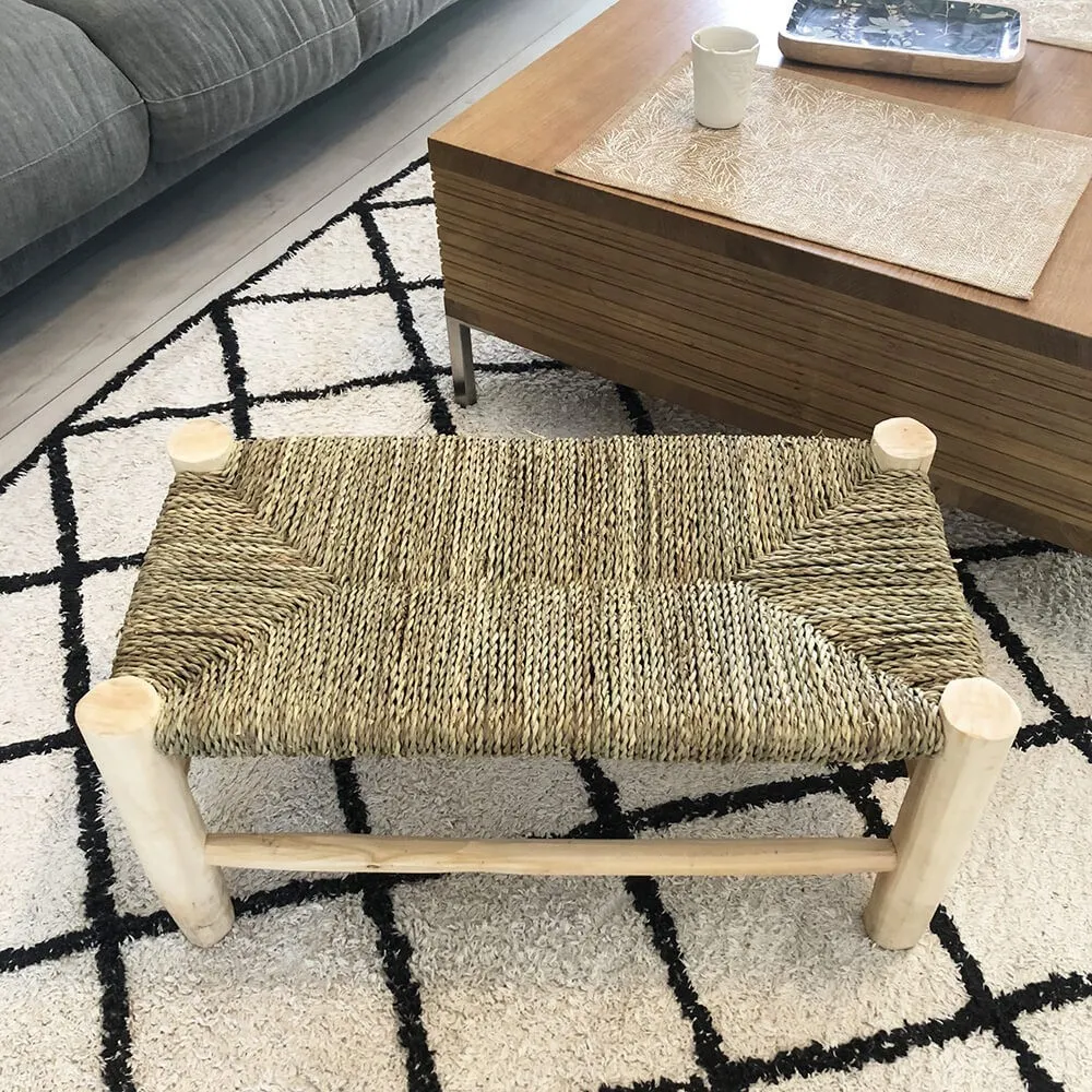 Banc artisanal Marocain en bois et paille - Coloris bois Brut