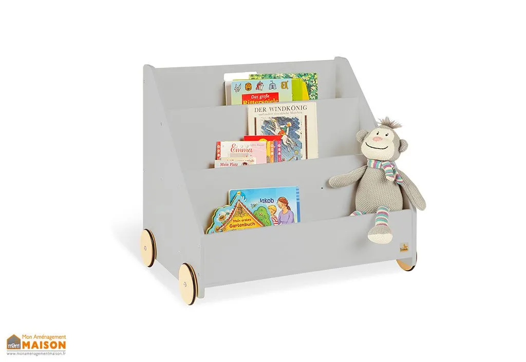 Bibliothèque pour Enfants avec Roulettes Lasse en Bois Grise