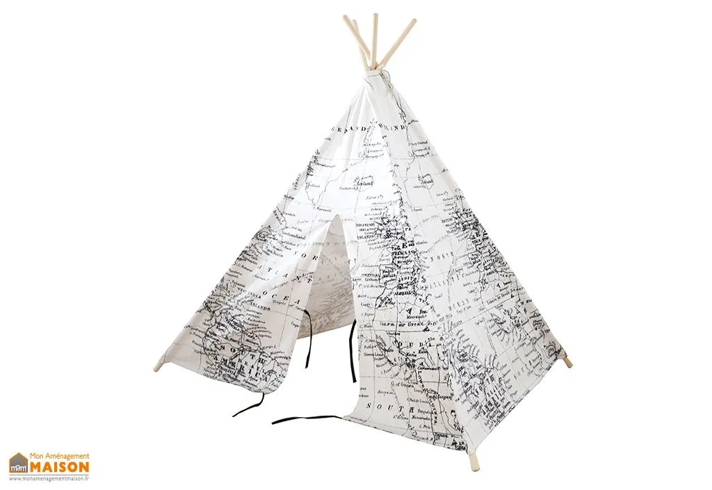 Tipi enfant en tissu et bois noir et blanc 1,60 m - World map
