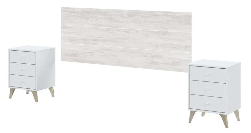 Tête de lit avec 2 tables de chevet en bois gris/blanc, 240x33,5x101 cm | SUCRÉ