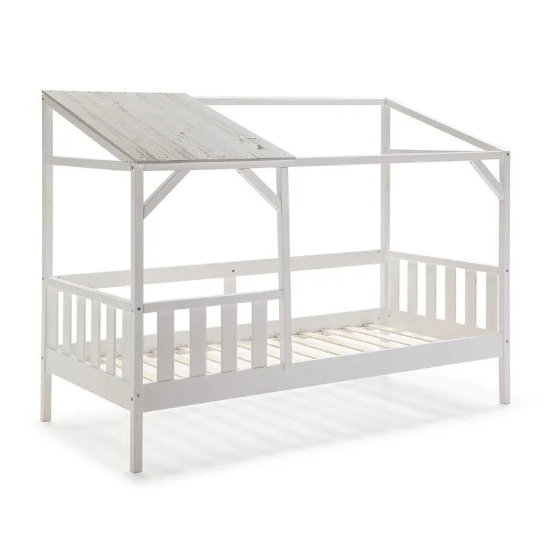 90 AMON Lit Cabane en Pin et Mdf Blanc/Gris Clair, 210x99.1x161.9 cm