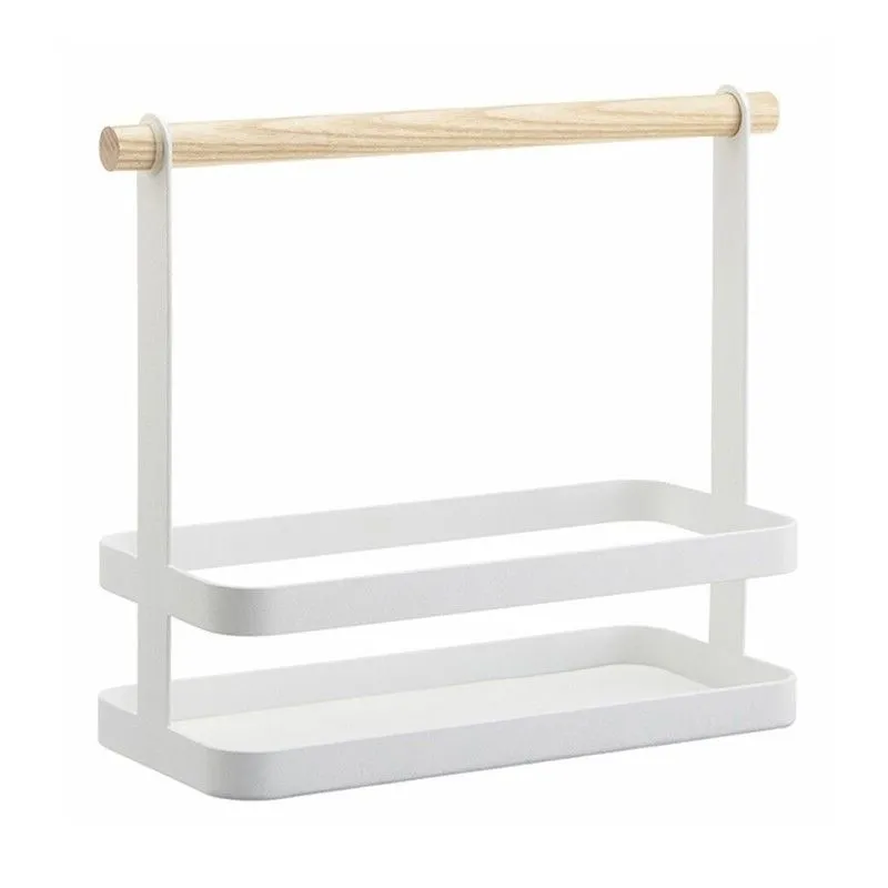 Panier à condiments en acier et bois, blanc et naturel, 24 x 10 x 20 cm | Tosca