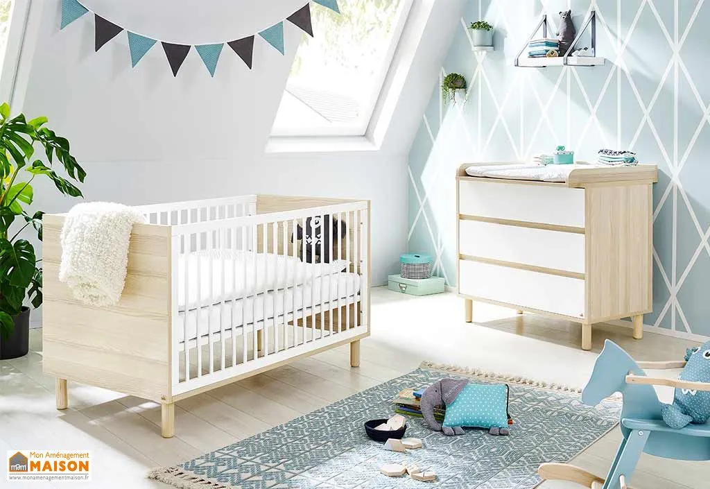 Chambre bébé complète en bois : lit évolutif, commode à langer, armoire – Flow