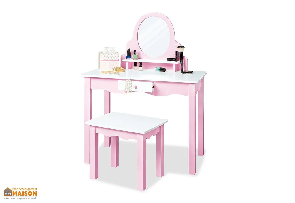 Coiffeuse pour enfants en bois rose et blanc + tabouret – Jasmin