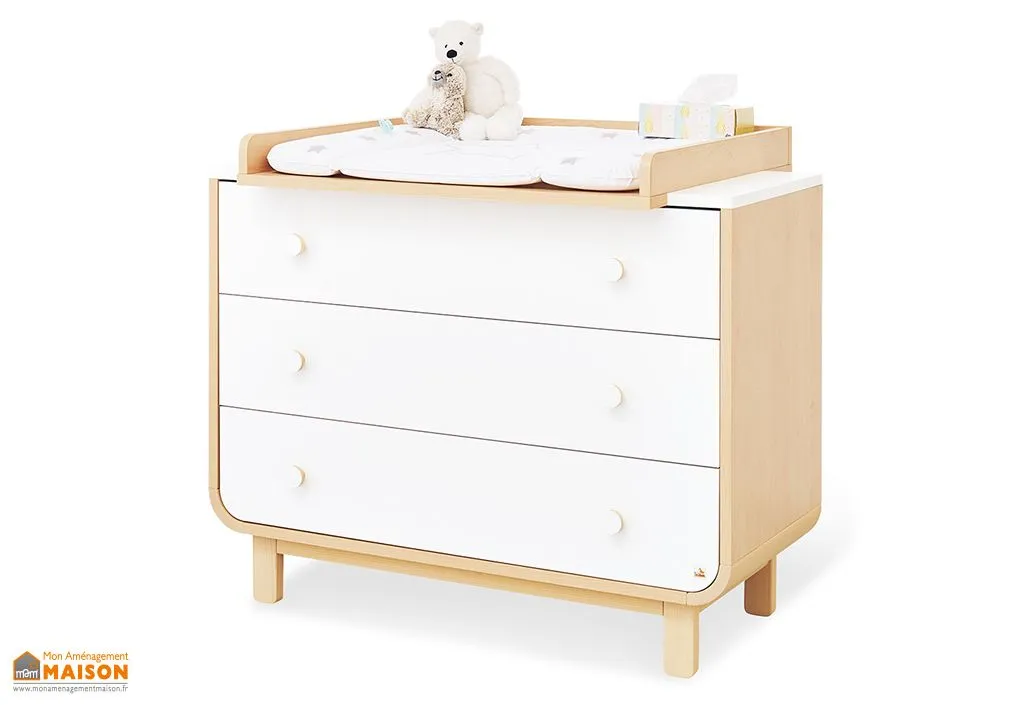 Commode Table à Langer en Bois 3 Tiroirs Couleur Bois et Blanc Round