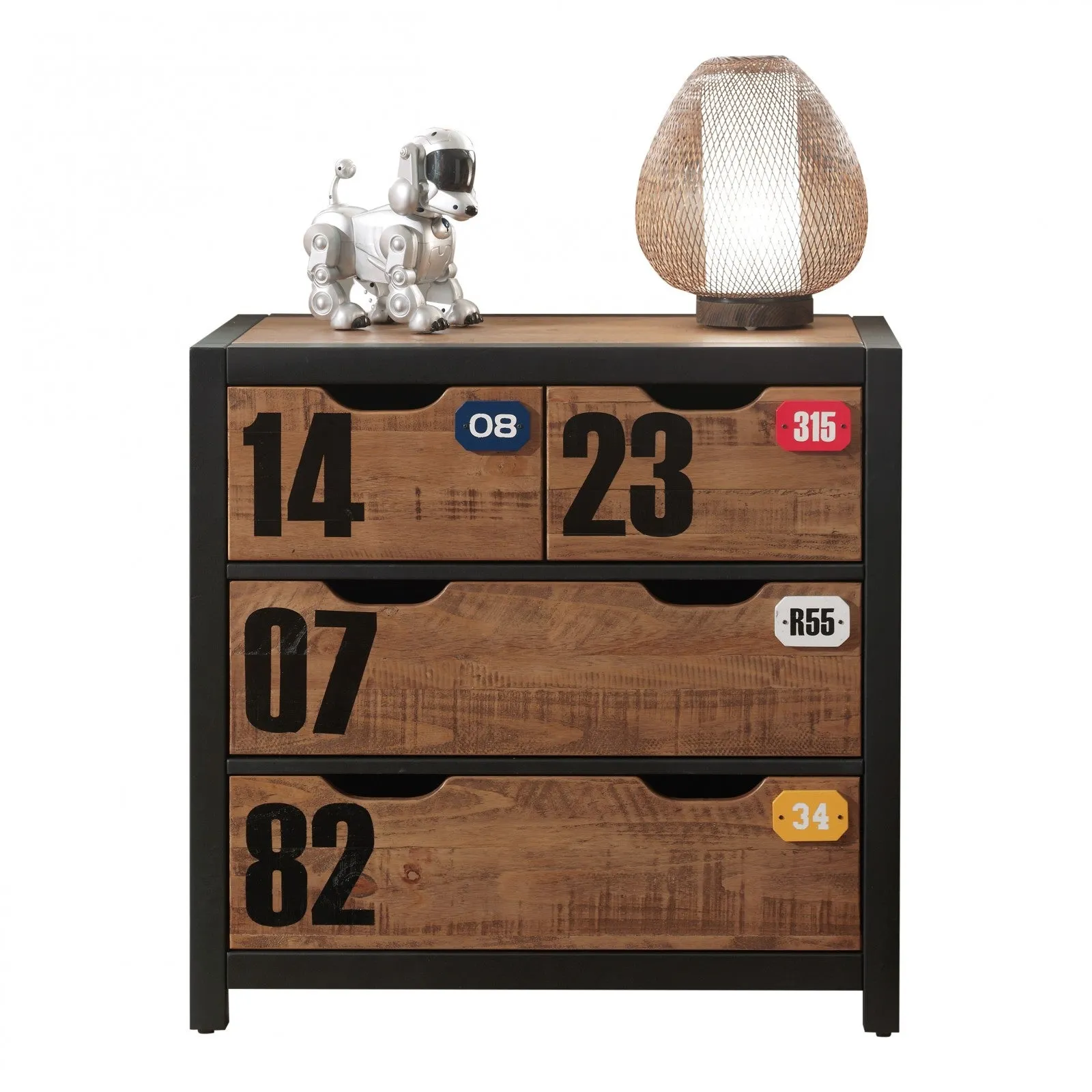 Pin et MDF Confort en bois avec 3 tiroirs, pour les enfants naturels / noirs, L86XA42XH83 CM