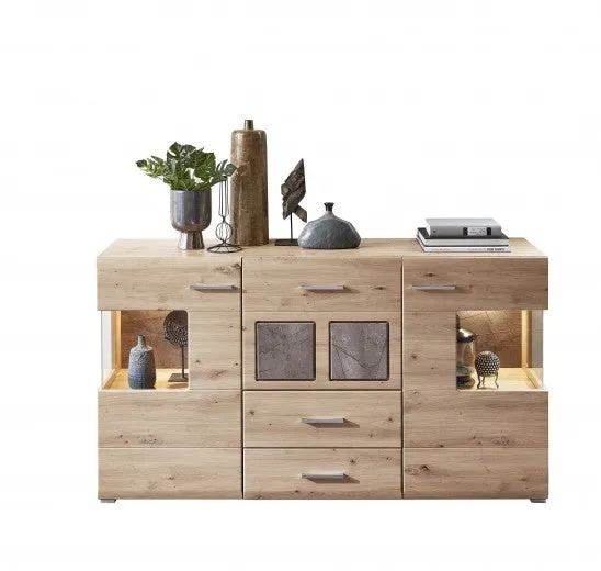 Commode en bois et MDF, avec 3 tiroirs et 2 portes Skylar Stejar, l170xA42xH94 cm