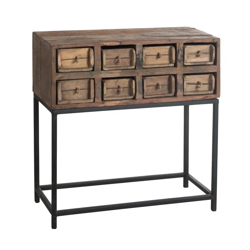 Console 8 tiroirs en bois recyclé et métal naturel/noir, 75x34x76,5 cm