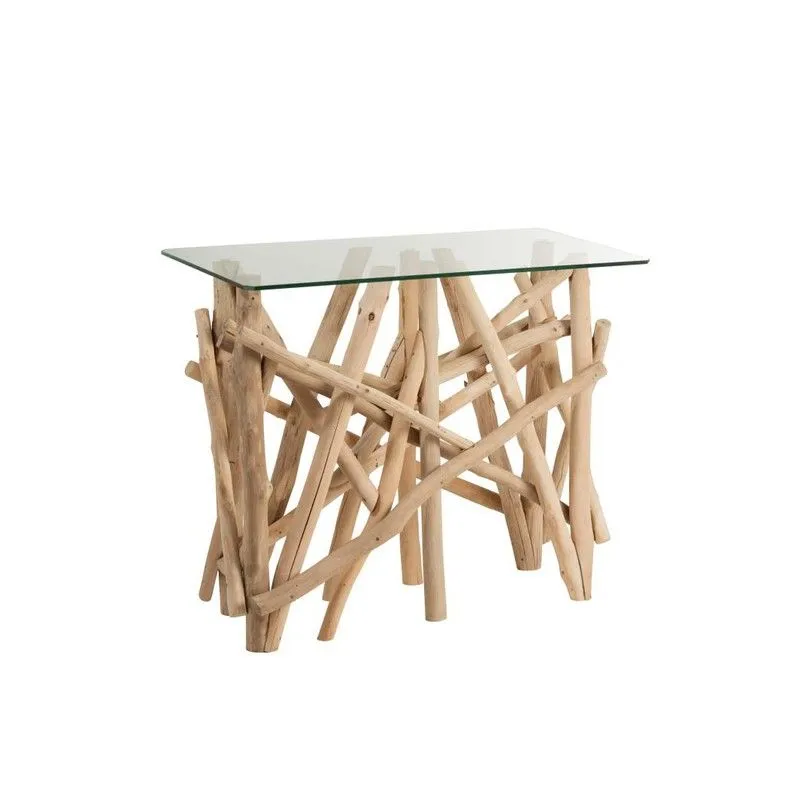Console rectangulaire en bois / branches en verre naturel
