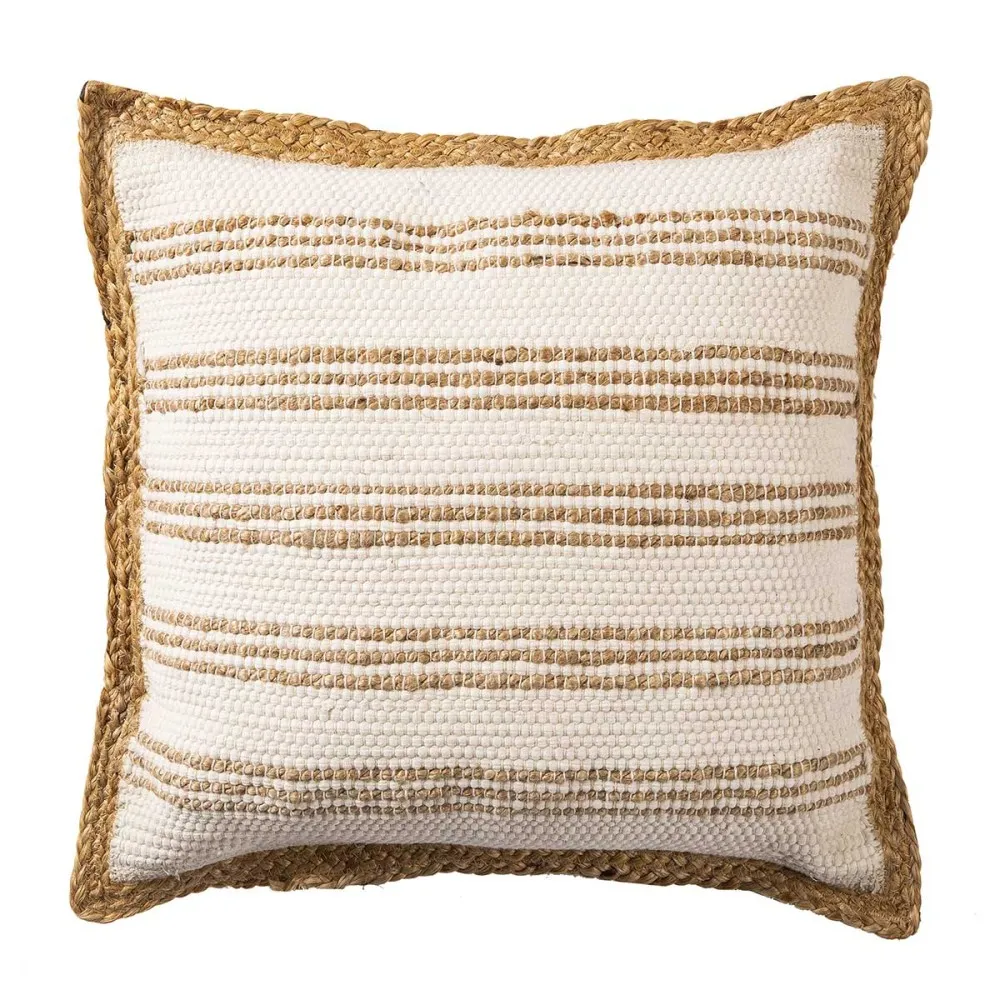 Coussin carré garni 50 x 50 cm jute naturelle et blanc rayé