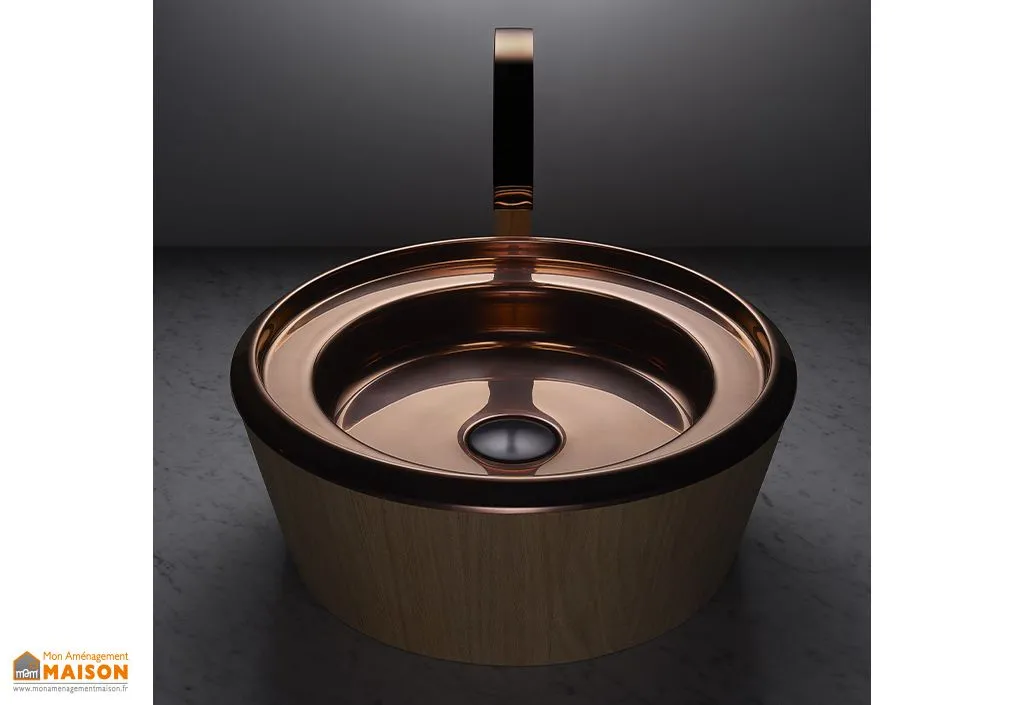 Vasque ronde à poser en acier inoxydable et bois ⌀45 cm – Barn