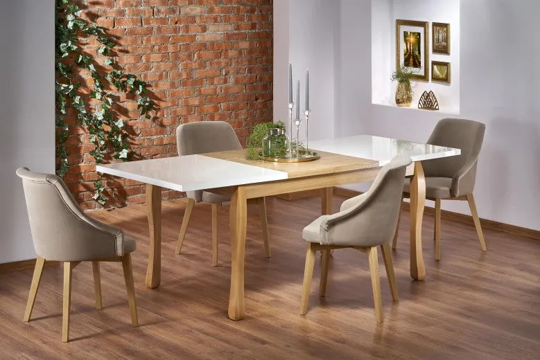 Ensemble table extensible en MDF et bois de hêtre Donovan Blanc / Chêne + 4 chaises rembourrées Toledo 2 Beige, L140-210xl90xH76 cm