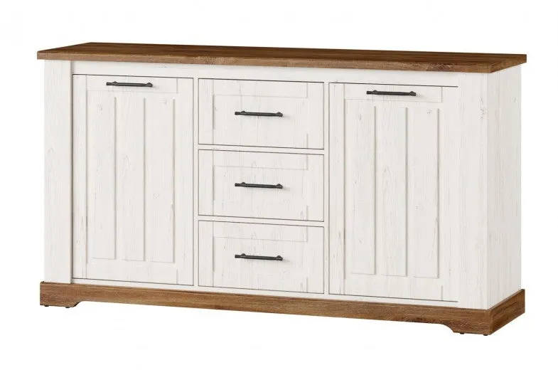 Commode, avec 3 tiroirs et 2 portes Country 45 Blanc / Chêne, l163xA45xH89 cm