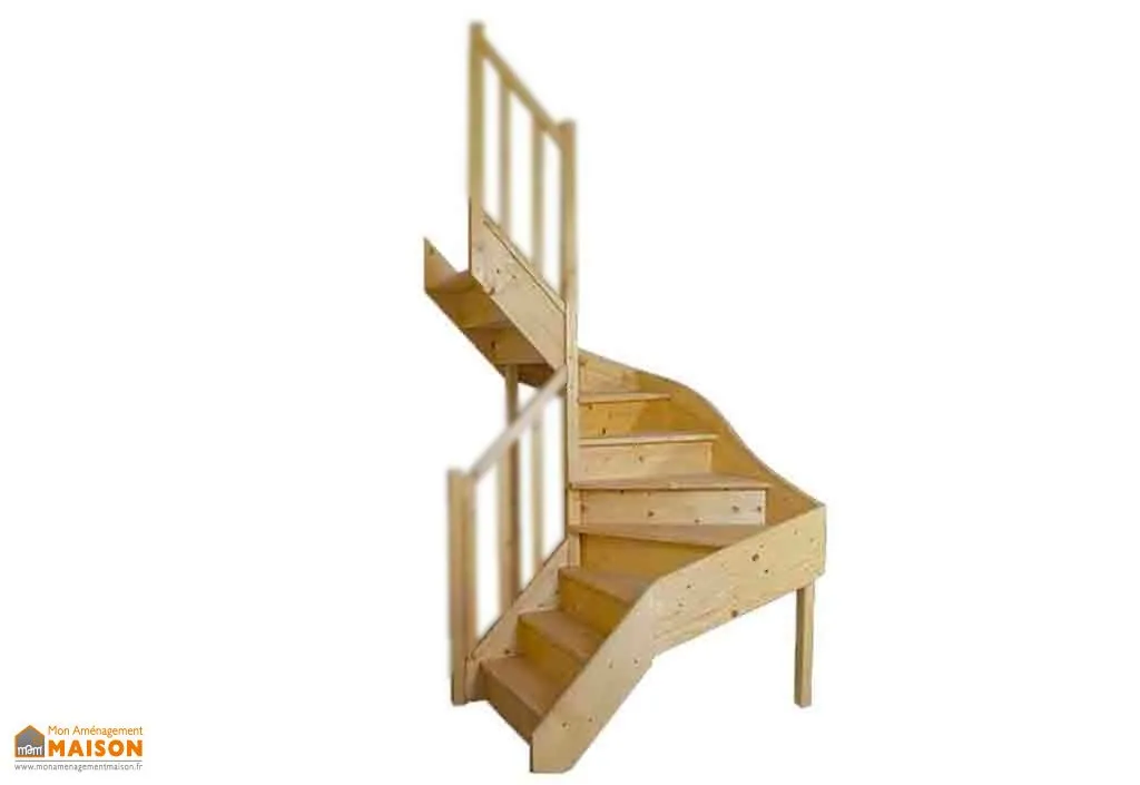 Escalier double quart tournant en sapin - Avec contremarches sans rampe