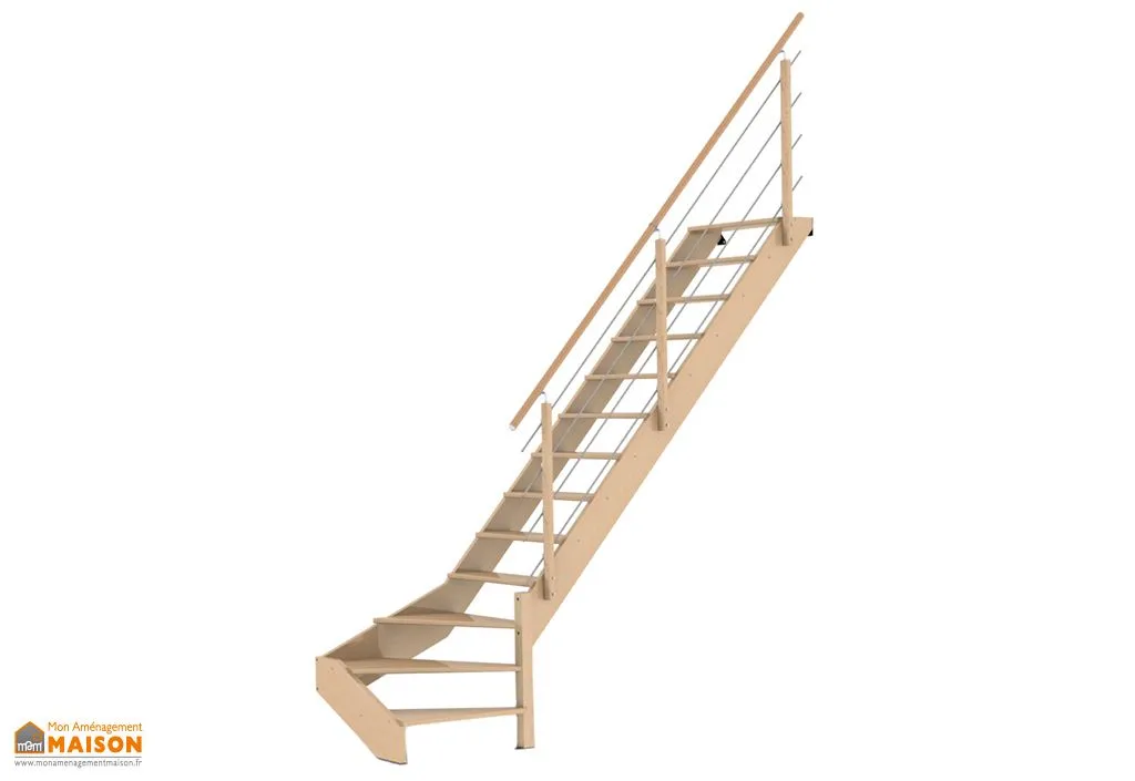 Escalier Quart Tournant Droit Bois de Hêtre 290 cm + Rampe Inox Novah