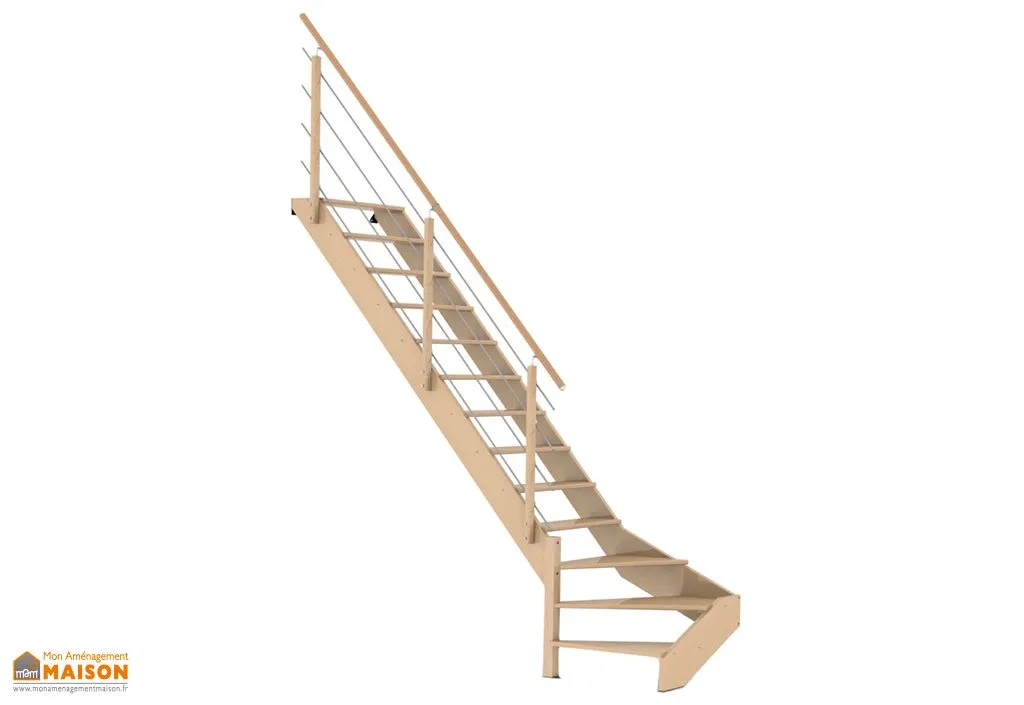 Escalier Quart Tournant Gauche Bois de Hêtre 290 cm + Rampe Inox Novah