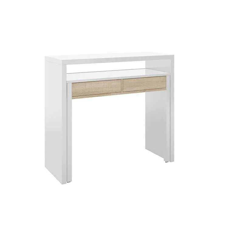 Bureau console à défilement en blanc et chêne, 99 x 36 x 88 cm