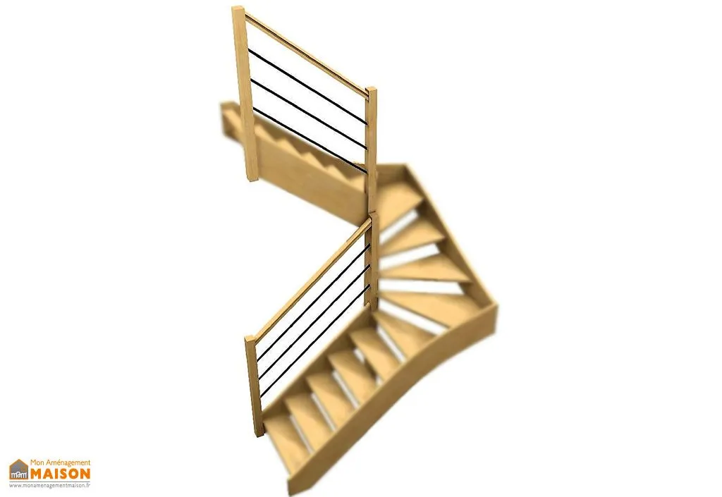 Rampe 3 Lisses : Escalier Double Quart Tournant Bois 288 cm Oléa