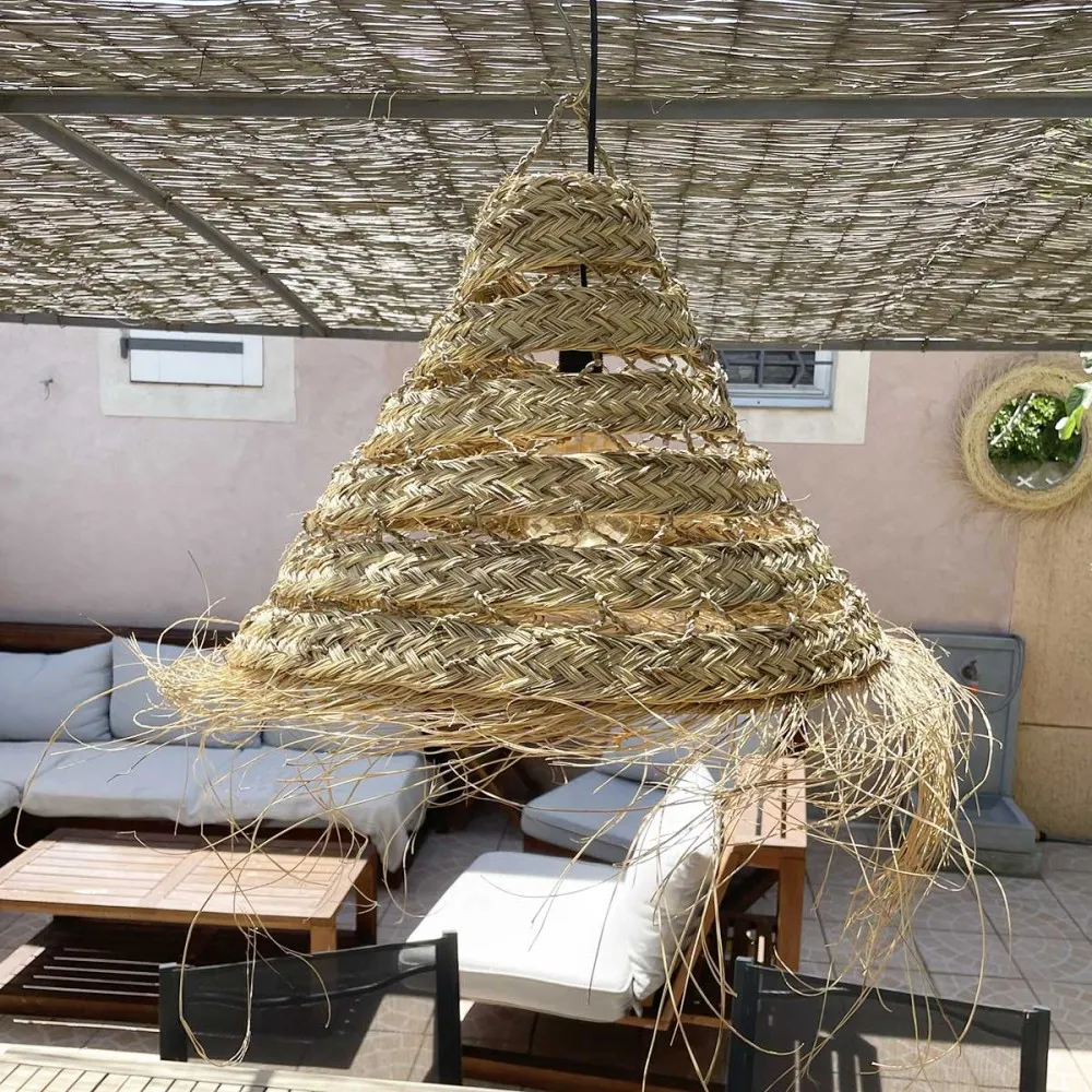 Abat-jour en paille Alfa ajouré pour lustre fait au Maroc XL Doum